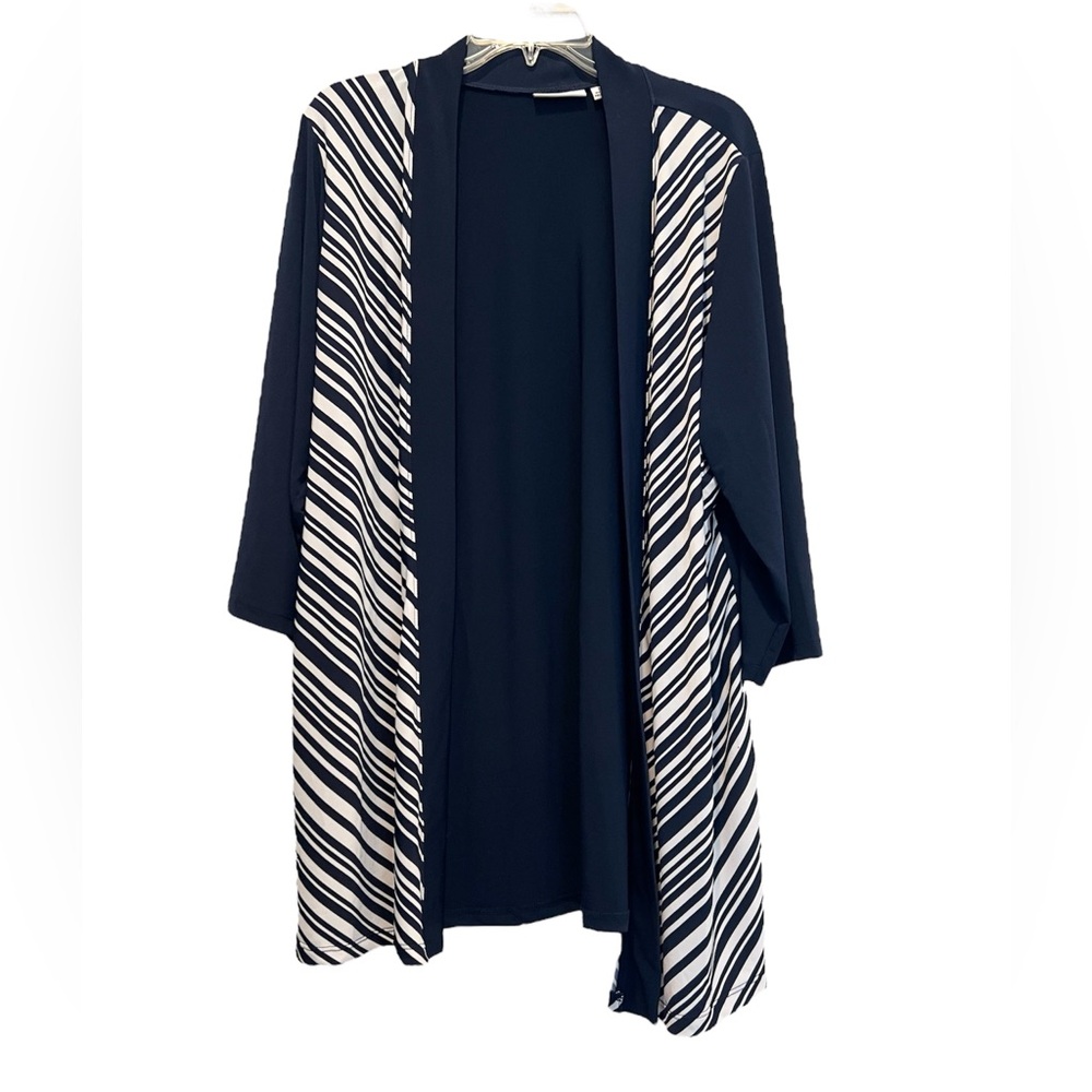 Susan Graver Cardigan Navy Blue White Stripe Open Front 3/4 Sleeve No Wrinkle 1X